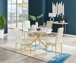 Novara White Marble Gold Leg 120cm Round Dining Table & 4 Velvet Milan Gold Leg Chairs