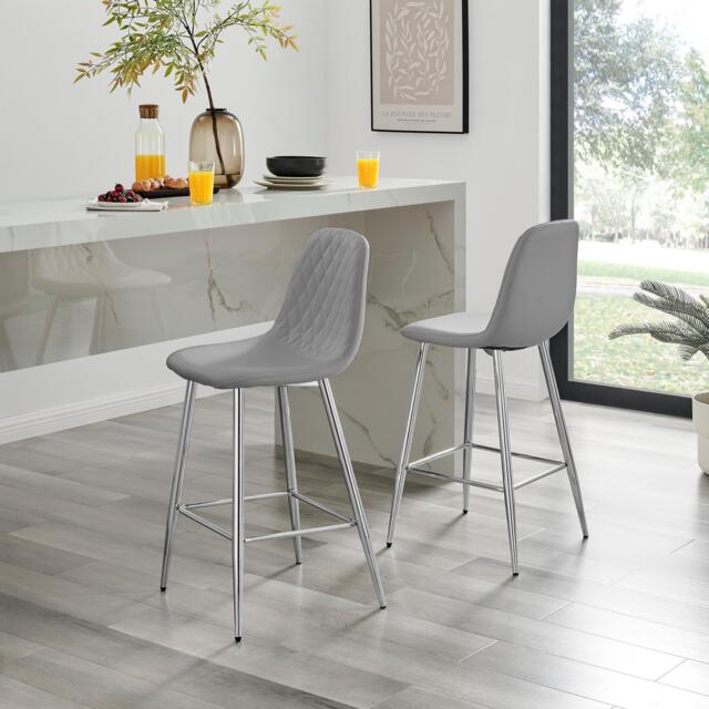 Furniturebox 2x Corona Grey Counter Stools Silver Legs, Faux Leather in Grey/Silver - Size: 42x96x47 cm - image 1