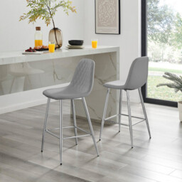 2x Corona Grey Faux Leather Bar Chairs Silver Legs