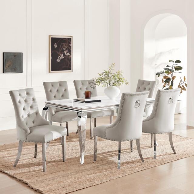 Skye Rectangular White Marble Effect Dining Table & 6 Grey Velvet Belgravia Chairs - image 1