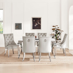 Skye Rectangular White Marble Effect Dining Table & 6 Grey Velvet Belgravia Chairs - thumbnail 2