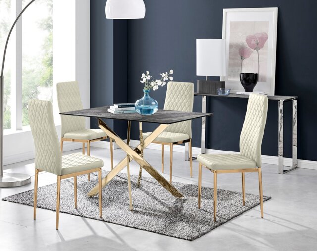 Leonardo Brown/Grey Glass Marble Effect Gold Leg Table & 4 Pesaro Gold Leg Chairs - image 1