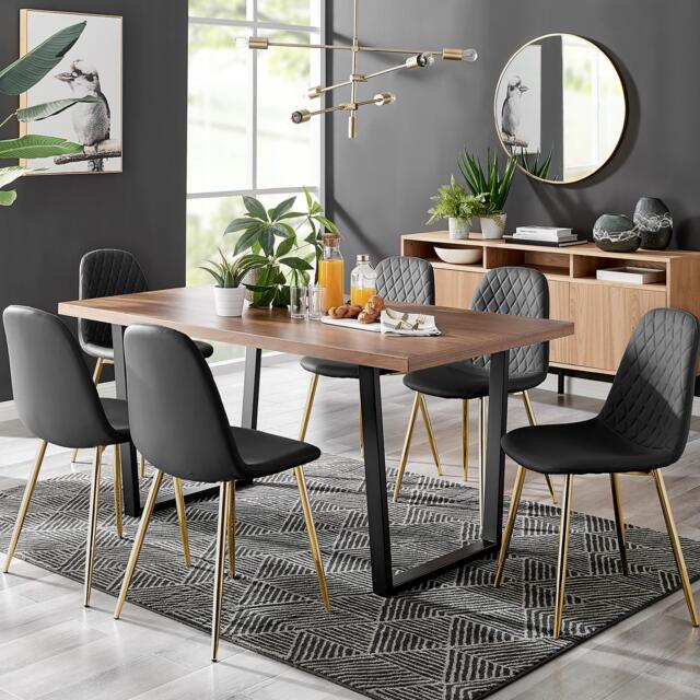 Furniturebox Kylo Brown Wood Effect Dining Table & 6 Cappuccino Corona Gold Leg Chairs, Faux Leather in Beige - Size: 45x87x55 cm - image 1