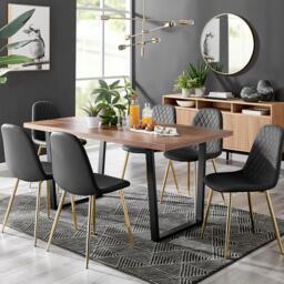 Furniturebox Kylo Brown Wood Effect Dining Table & 6 Cappuccino Corona Gold Leg Chairs, Faux Leather in Beige - Size: 45x87x55 cm