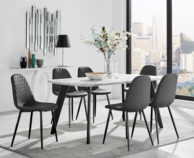 Andria Black Leg Marble Effect Dining Table and 6 Corona Black Leg Chairs - image 1