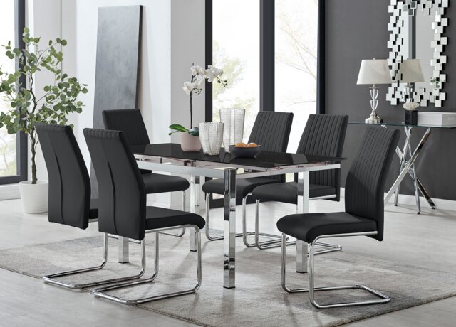 Enna Black Glass Extending Dining Table and 6 Lorenzo Chairs - image 1