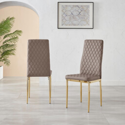 6x Milan Cappuccino Beige Hatched Faux Leather Dining Chairs Gold Legs - thumbnail 3