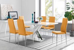 Atlanta Modern Rectangle Chrome Metal High Gloss White Dining Table And 6 Milan Chairs Set - thumbnail 1