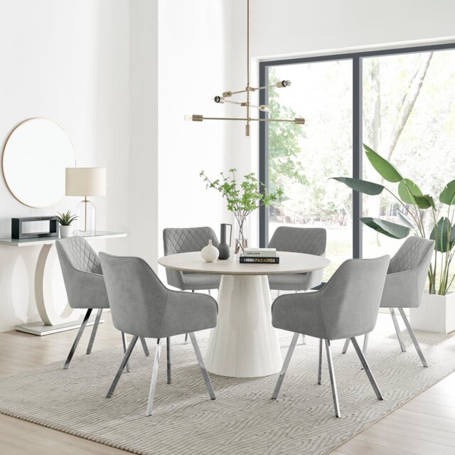 Palma Beige Stone Effect Round Dining Table & 6 Falun Silver Leg Chairs - image 1