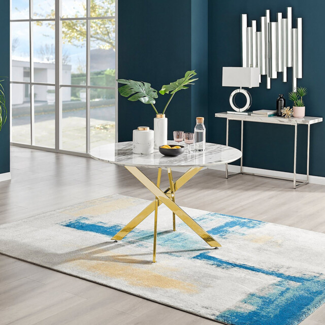 Novara Round White Marble Effect and Gold Metal 4-6 Seater Dining Table - image 1