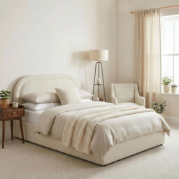 Freja Beige Boucle Fabric Ottoman Double Bed Frame