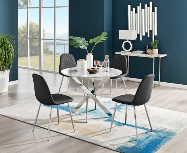 Novara White Marble Round Dining Table & 4 Corona Silver Leg Chairs - image 1