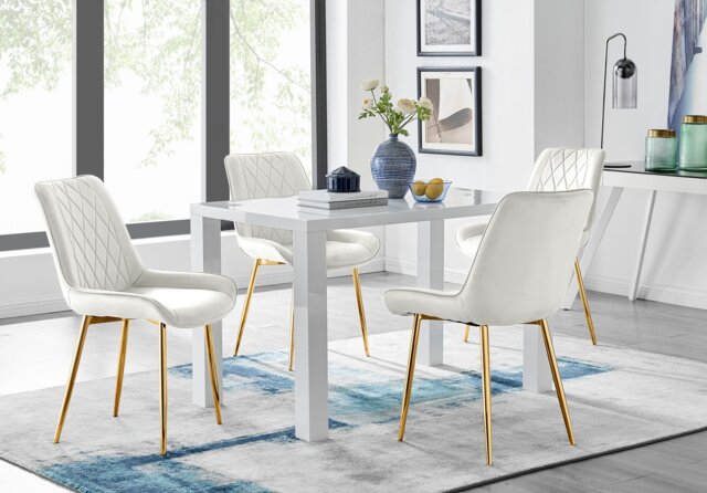 Pivero 4 White Dining Table and 4 Pesaro Gold Leg Chairs - image 1