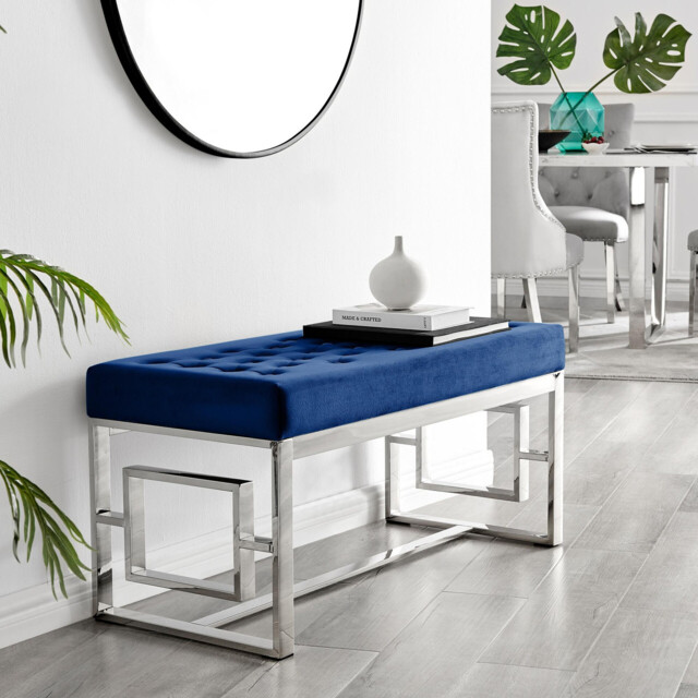 Cambridge Modern Navy Blue Velvet & Silver Metal Bench - image 1