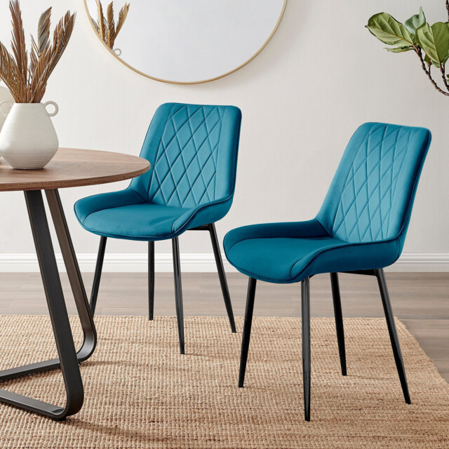 2x Pesaro Blue Velvet Dining Chairs Black Legs - image 1