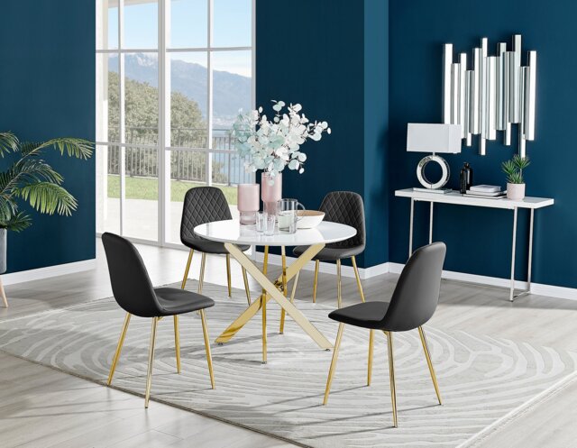 Novara White Gloss Gold Leg Round Dining Table & 4 Corona Gold Leg Chairs - image 1
