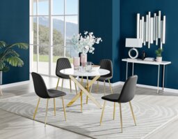 Novara White Gloss Gold Leg Round Dining Table & 4 Corona Gold Leg Chairs - thumbnail 1