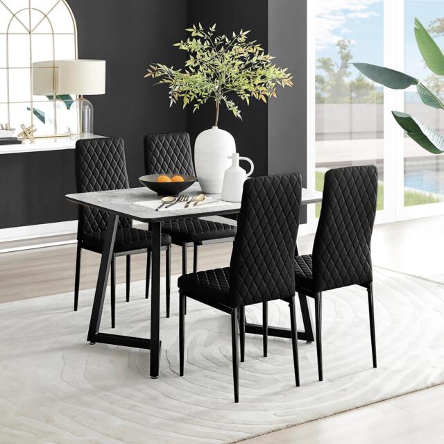 Carson White Marble Effect Dining Table & 4 Velvet Milan Black Leg Chairs - image 1