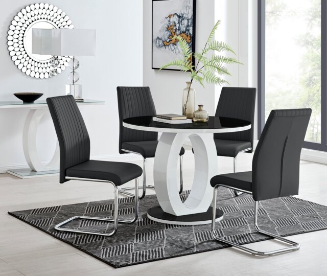 Giovani High Gloss And Glass 100cm Round Dining Table And 4 Lorenzo Chairs Set - image 1