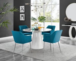 Palma White Marble Effect Round Dining Table & 4 Calla Silver Leg Chairs - thumbnail 1