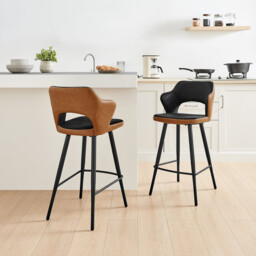 2x Kai Black Velvet & Tan Faux Leather Counter Stools