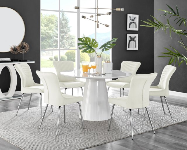 Palma White High Gloss Round Dining Table & 6 Nora Silver Leg Chairs - image 1