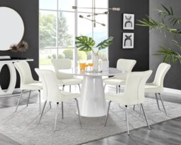 Palma White High Gloss Round Dining Table & 6 Nora Silver Leg Chairs - thumbnail 1