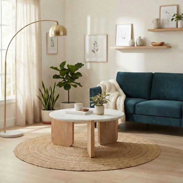 Solia Round White Oak Wood & Marble Coffee Table - image 1