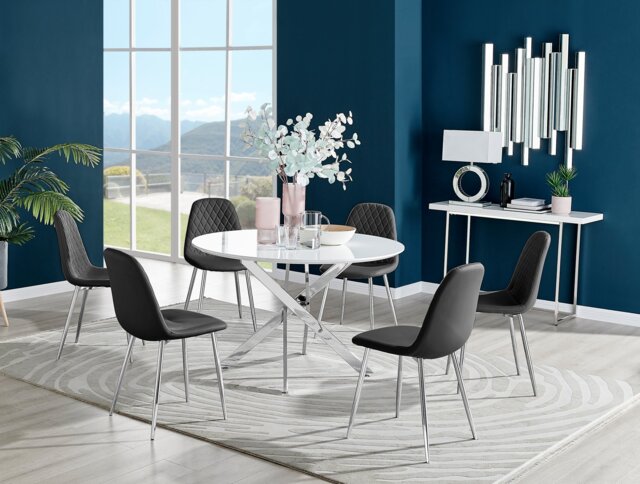 Novara White High Gloss 120cm Round Dining Table & 6 Corona Silver Leg Chairs
