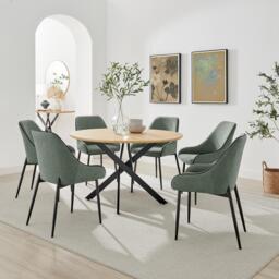 Novara Oak Effect Dining Table & 6 Beaumont Green Fabric Chairs - thumbnail 1
