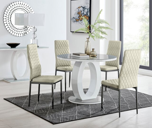 Giovani Round Grey 100cm Table and 4 Velvet Milan Black Leg Chairs - image 1