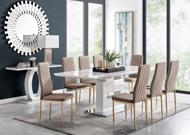 Arezzo White High Gloss Extending Dining Table & 8 Milan Gold Leg Chairs - image 1