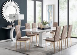 Arezzo White High Gloss Extending Dining Table & 8 Milan Gold Leg Chairs