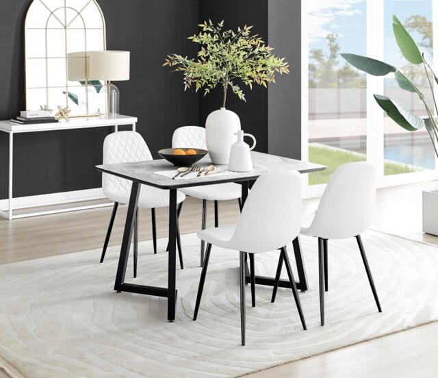 Carson White Marble Effect Dining Table & 4 Corona Black Leg Chairs - image 1