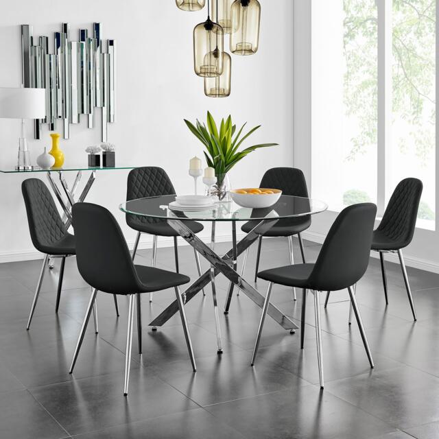 Novara Chrome Metal And Glass Large 120cm Round Dining Table And 6 Corona Silver Chairs Set - image 1