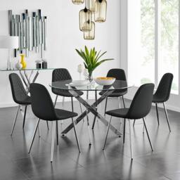 Novara Chrome Metal And Glass Large 120cm Round Dining Table And 6 Corona Silver Chairs Set - thumbnail 1