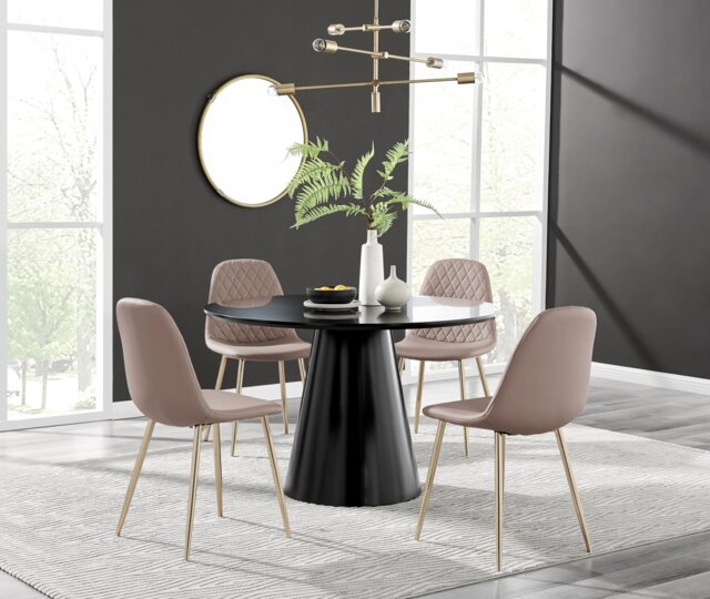 Palma Black Semi Gloss Round Dining Table & 4 Corona Gold Leg Chairs - image 1