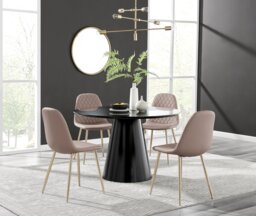 Palma Black Semi Gloss Round Dining Table & 4 Corona Gold Leg Chairs