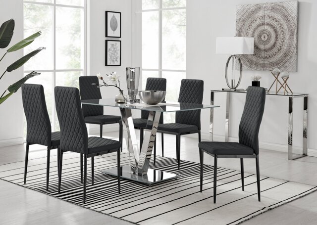 Florini V Grey Dining Table and 6 Milan Black Leg Chairs - image 1