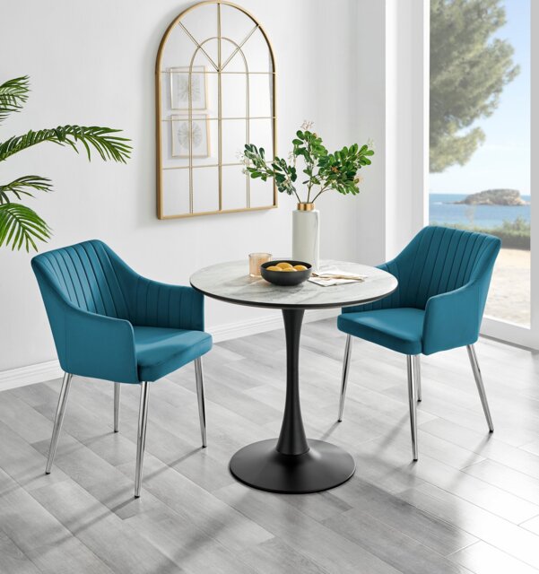 Elina White Marble Effect Round Dining Table & 2 Calla Silver Leg Chairs - image 1