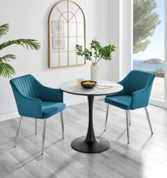 Elina White Marble Effect Round Dining Table & 2 Calla Silver Leg Chairs - thumbnail 1