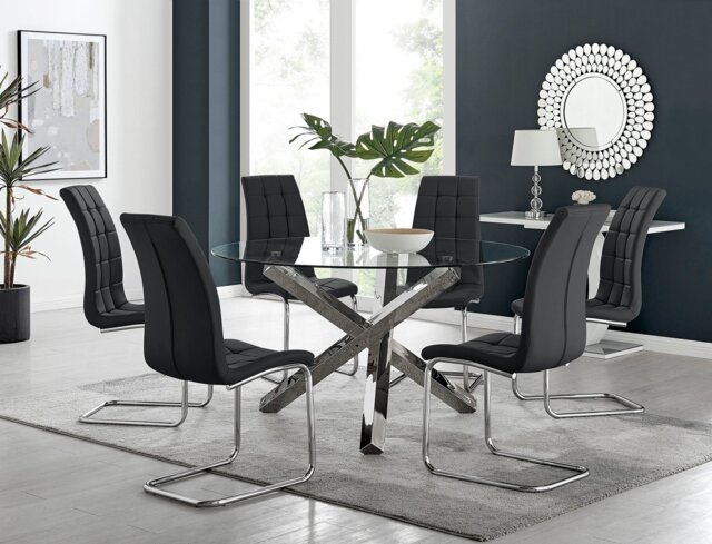 Vogue Large Round Chrome Metal Clear Glass Dining Table And 6 Murano Dining Chairs Set - image 1