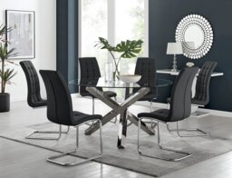 Vogue Large Round Chrome Metal Clear Glass Dining Table And 6 Murano Dining Chairs Set - thumbnail 1