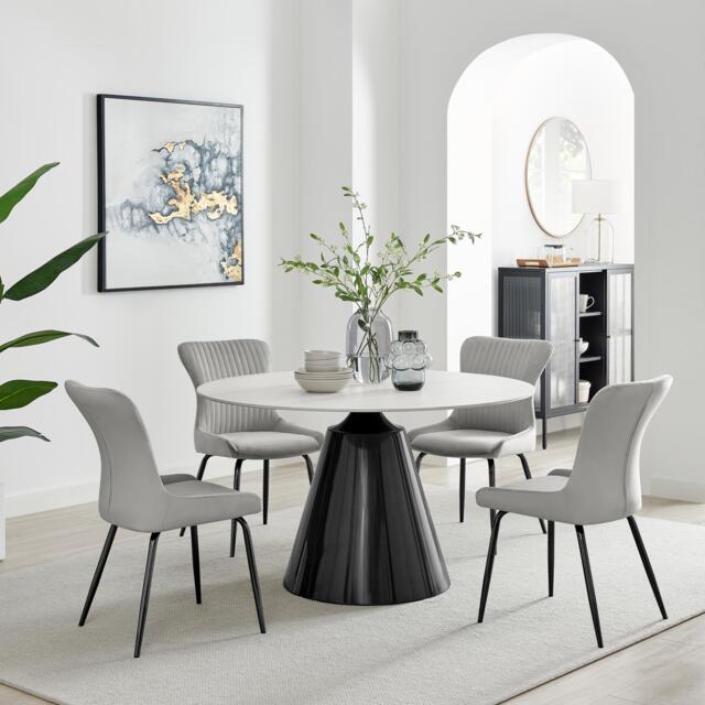 Nina White Marble Ceramic Top Round Dining Table and 4 Light Grey Nora Chairs - image 1