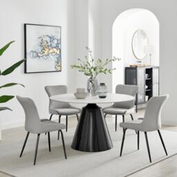 Nina White Marble Ceramic Top Round Dining Table and 4 Light Grey Nora Chairs