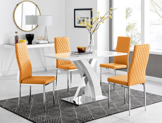 Atlanta White High Gloss And Chrome Metal Rectangle Dining Table And 4 Milan Dining Chairs Set - image 1