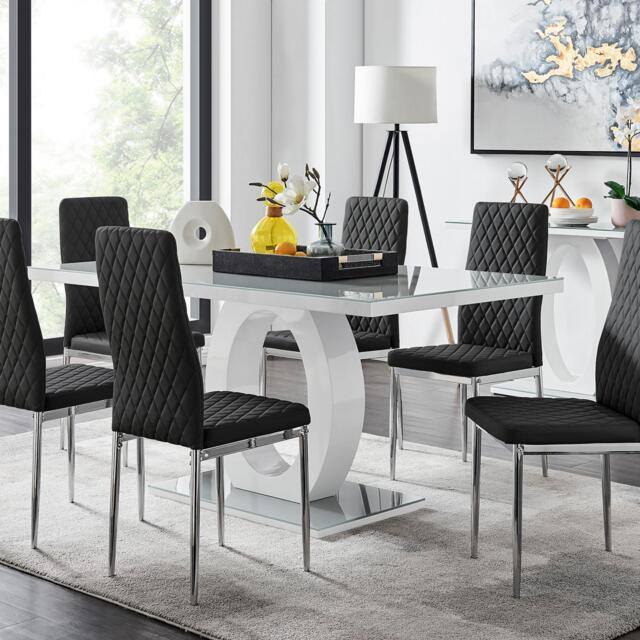Giovani Grey White Modern High Gloss And Glass Dining Table And 6 Milan Chairs Set - image 1