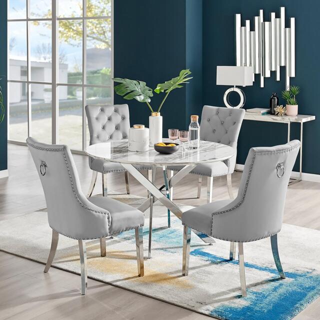 Novara White Marble 120cm Round Dining Table & 4 Velvet Belgravia Chairs - image 1