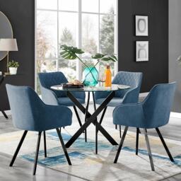 Novara Black Leg Round Glass Dining Table & 4 Falun Black Leg Chairs