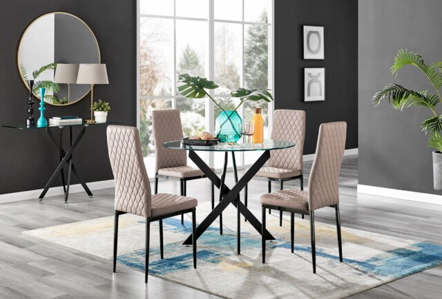 Novara Black Leg Round Glass Dining Table & 4 Milan Black Leg Chairs - image 1